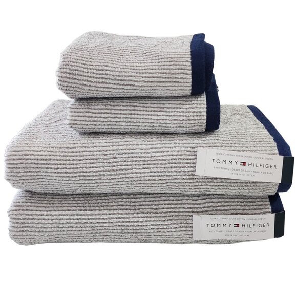Tommy Hilfiger 8pc Cotton Towel Set Bath Hand Washcloths White Navy Gray Striped - Picture 11 of 12